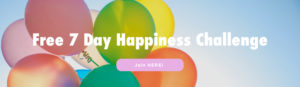 This is an image of rainbow balloons with the text join the free 7 day happiness challenge